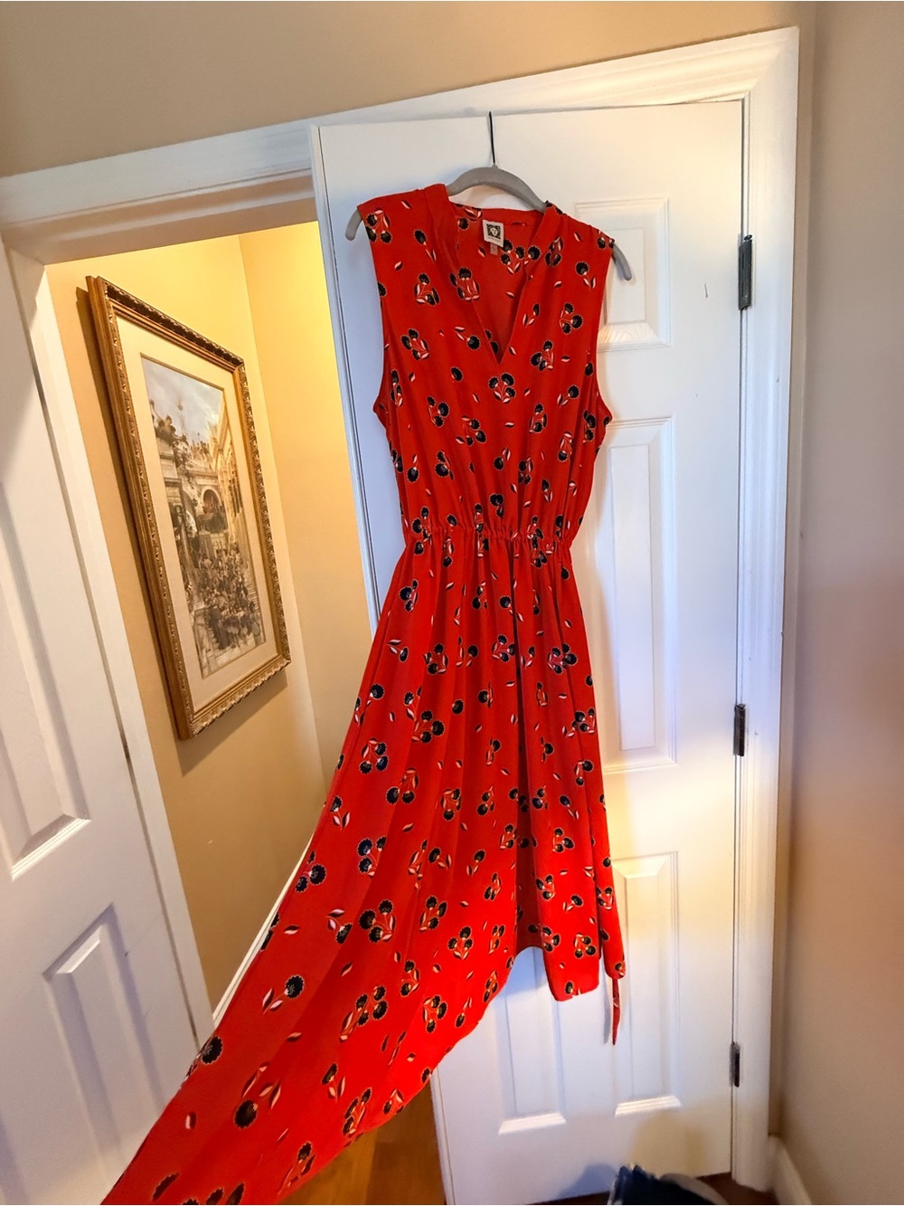Anne Klein Bright Red Floral V‑Neck Midi Dress